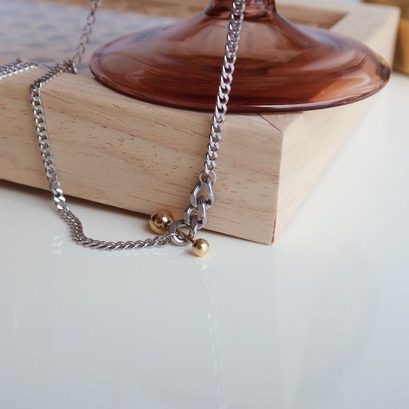 NEW Two Tone 18K Gold Plated Link Chain Gold Ball Bar Necklace - Picture 8 of 11